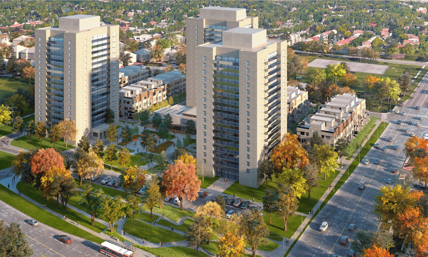 Aerial rendering of the York Mills & Leslie community in North York.
